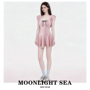MOONLIGHTSEA泳衣女新款连体甜美粉色飞袖波点裙式显瘦遮肚温泉