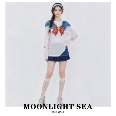MOONLIGHT SEA新款学院风蝴蝶结水手领分体泳衣女长袖防晒设计感