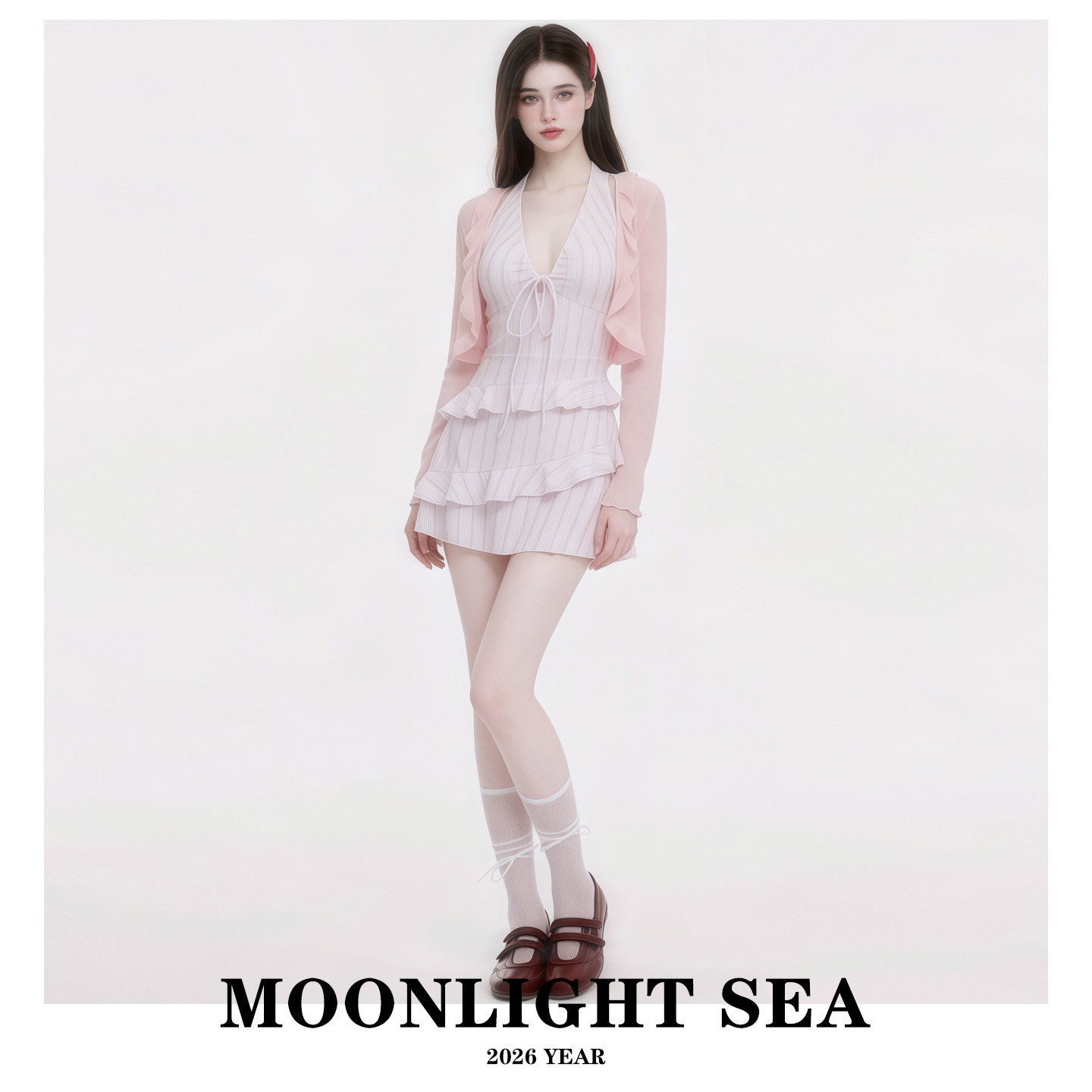 MOONLIGHT SEA泳衣女新款法式甜美长袖连体挂脖裙式收腰显瘦温泉