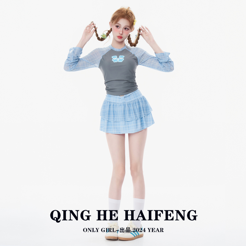 only girl-甜美可爱格子裙式修身显瘦遮肚保守学生长袖游泳衣女