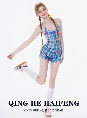 ONLYGIRL泳衣女韩版格子风连体三角泳装少女保守温泉平角裤两件套