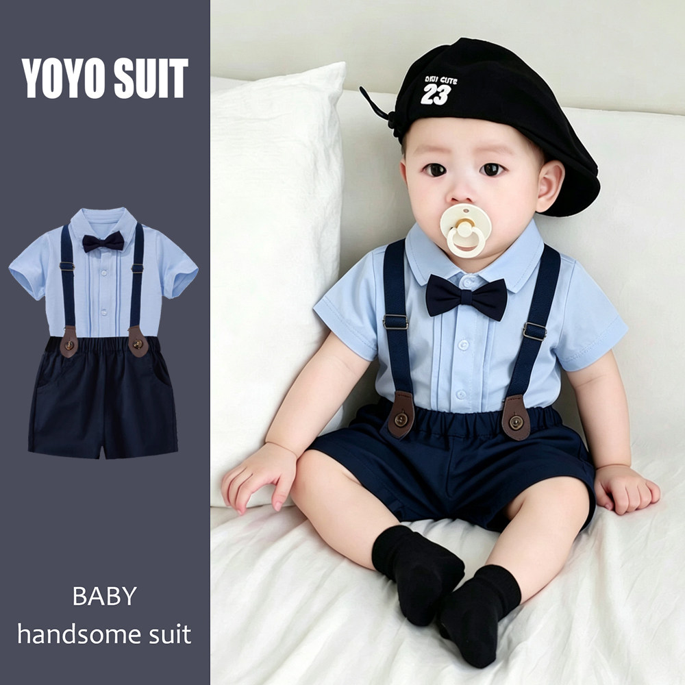夏季周岁百天男童礼服背带套装