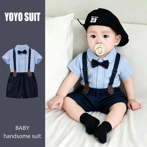 夏季周岁百天男童礼服背带套装