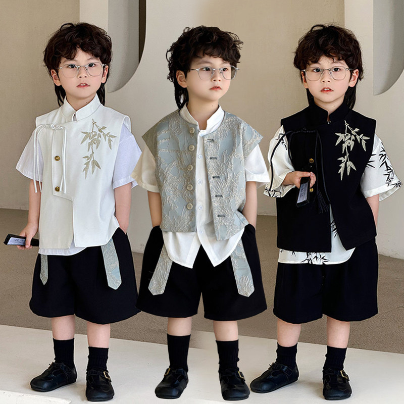 男童唐装国风刺绣马甲套装夏季宝宝周岁礼服新中式儿童汉服演出服图片