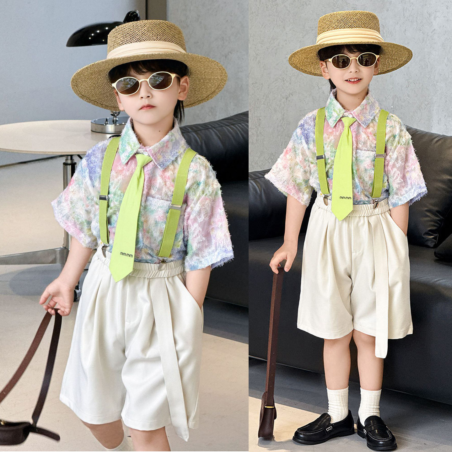 儿童礼服夏季帅气男童小西装花衬衫短袖套装沙滩背带裤六一演出服