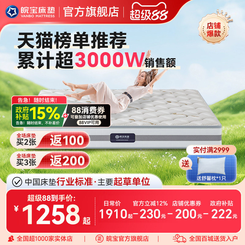 皖宝床垫独立弹簧乳胶椰棕两用静音棕垫硬垫1.5/1.8m老人名牌十大