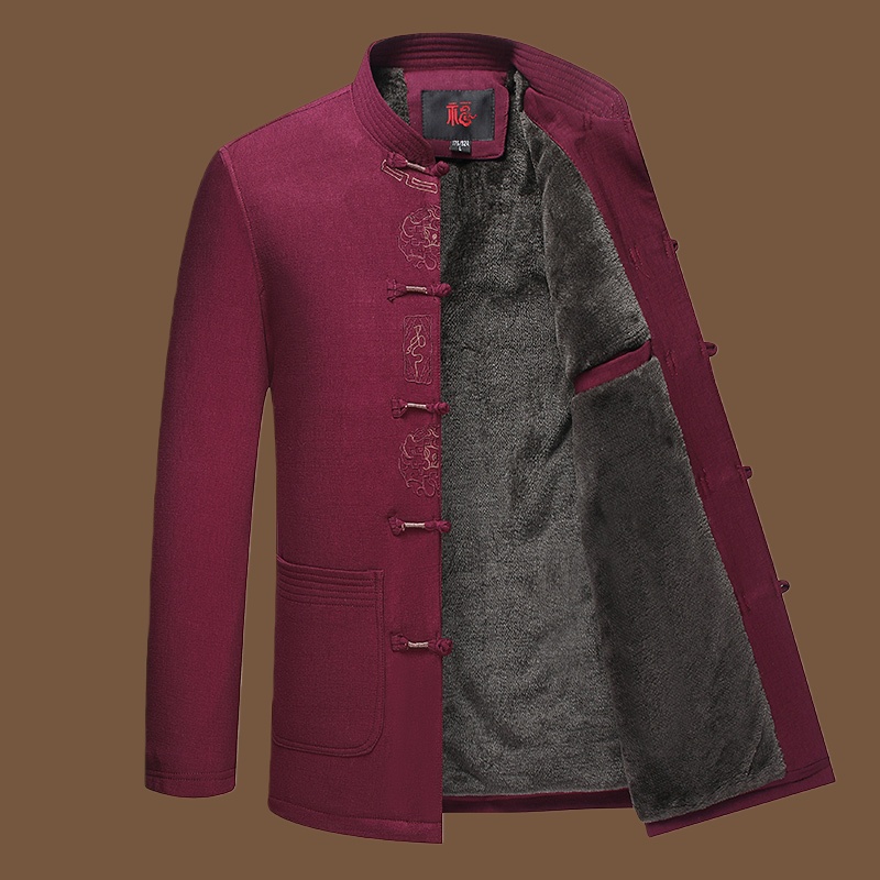 中国风秋冬季唐装男长袖羊毛呢外套中老年立领上衣中式盘扣爸爸装