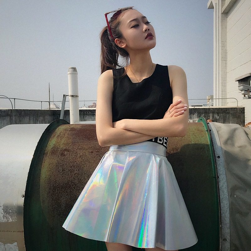 实拍夏季原宿风高腰学生镭射半身裙亮面pu皮裙蓬蓬裙舞蹈队演出服