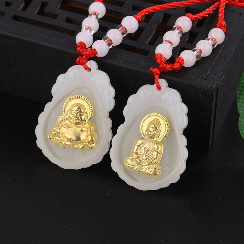 天然白玉镶金观音弥勒佛笑佛玉牌十二生肖吊坠男女款情侣玉石挂件