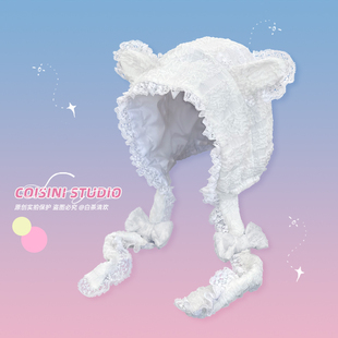 白色韩国ins风甜美可爱蕾丝花边兔耳套头帽子女春夏百搭蝴蝶结潮