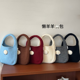 韩系可爱懒洋洋针织毛呢针织手提包包女秋冬托特包手拎包文艺百搭