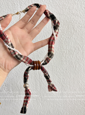 日系复古格纹木珠珍珠锁骨链女