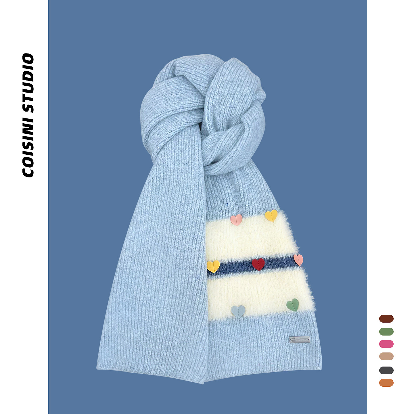 韩版爱心拼色毛绒围巾女秋冬季