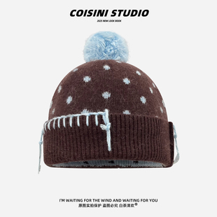 韩国ins复古波点流苏设计感毛球针织帽子女生冬季 缝线套头冷帽潮