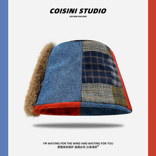 个性 拼接水桶渔夫帽子女秋冬时尚 潮流复古百搭盆帽男 设计师款 美式