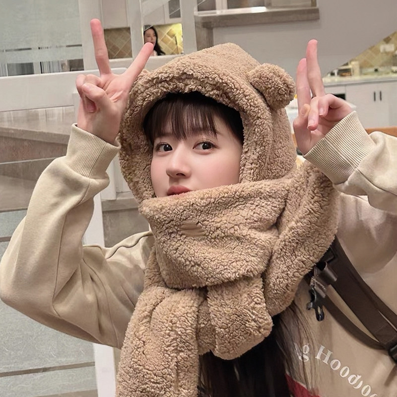 赵露思同款熊耳朵帽子围巾两件套