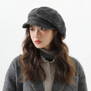 日系时尚复古纯色八角帽子女秋冬季百搭保暖画家帽显脸小报童帽潮