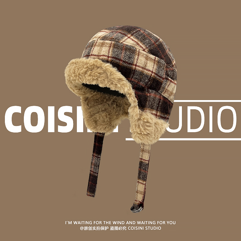 复古文艺加绒保暖系带雷锋帽