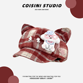 日系复古格纹小狗耳朵贝雷帽女秋冬休闲百搭画家帽大头围显脸小潮