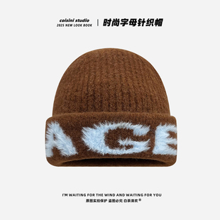 韩版 ins简约百搭字母针织帽子女秋冬保暖百搭显脸小学生情侣冷帽