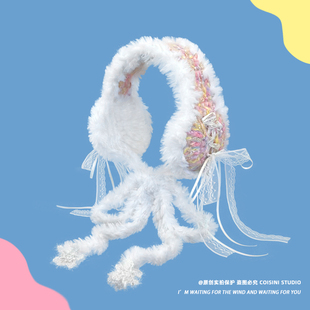 新年红色韩版甜美蕾丝蝴蝶结绑带毛绒耳罩保暖护耳可爱耳套学生潮