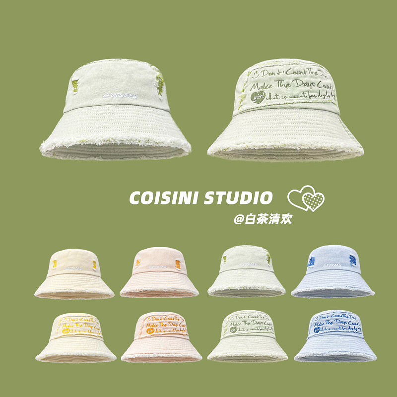 日系小清新字母刺绣毛边破洞盆帽