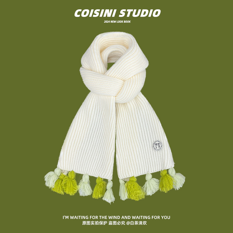 日系小清新撞色流苏针织毛线围巾