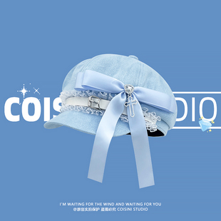 小众亚文化亚比系贝雷帽子女春秋季甜美爱心水钻蝴蝶结日系画家帽