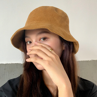 韩国ins纯色灯芯绒保暖渔夫帽子女春秋遮阳百搭盆帽男学生街拍潮