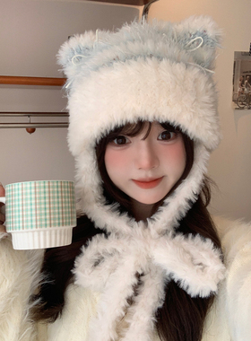 亚比风秋冬可爱毛绒蝴蝶结猫耳针织帽子保暖日系甜美显脸小雷锋帽