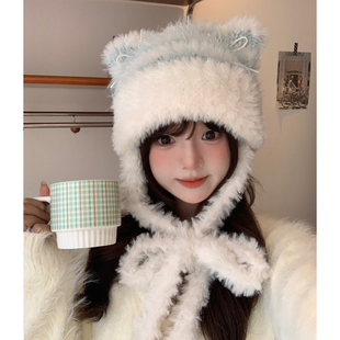 亚比风秋冬可爱毛绒蝴蝶结猫耳针织帽子保暖日系甜美显脸小雷锋帽