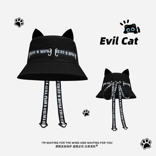 原创日系软妹可爱猫耳朵飘带渔夫帽子女春秋学生百搭显脸小盆帽潮