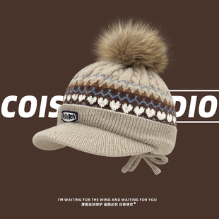 日系复古费尔岛提花毛球针织帽子女秋冬季 保暖百搭学生毛线鸭舌帽