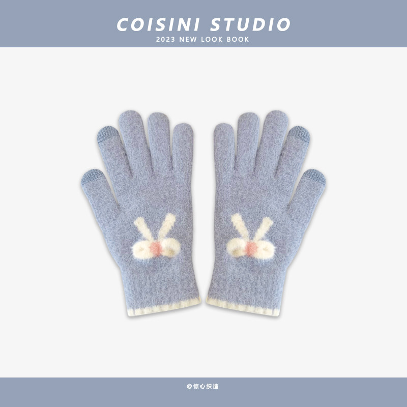 韩版少女针织蝴蝶结分指手套甜美ins女冬季加绒保暖可触屏学生潮