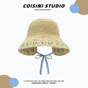 小清新碎花绑带草帽女2026春夏大帽檐遮阳防晒帽可收纳沙滩度假帽