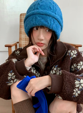 韩版绞花蓝色针织毛线帽子女秋冬