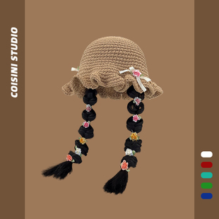 2025新款帽子假发一体女生长发仿真麻花辫针织盆帽秋冬百搭渔夫帽