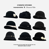 赫本风高品质花朵黑色千金礼帽女秋冬季 优雅气质百搭渔夫帽盆帽潮