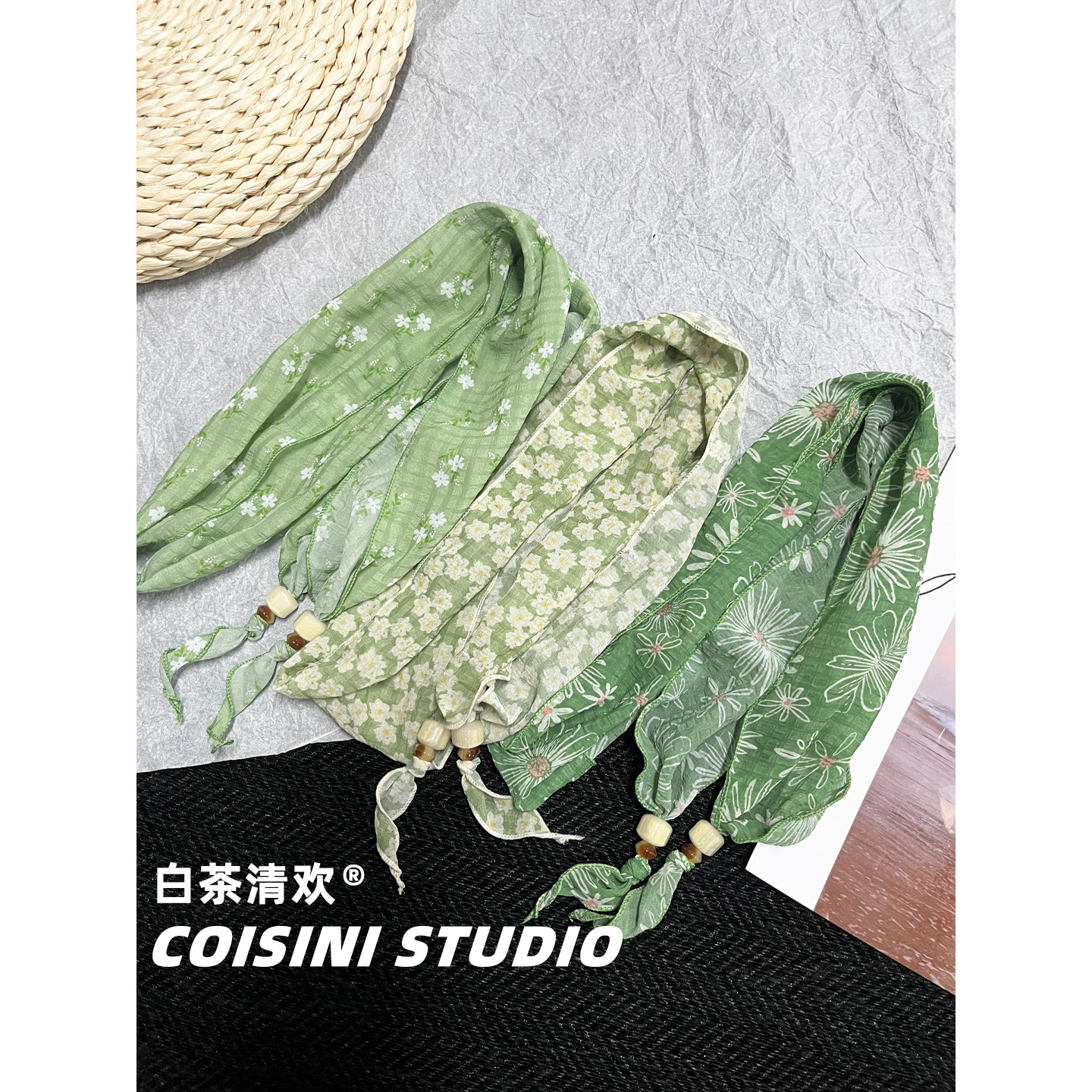 法式田园风碎花长款丝巾女生夏季绿色植物花卉长方形薄款围巾韩版