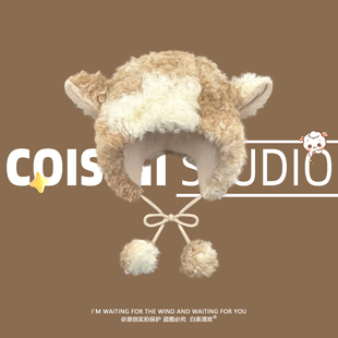 日系可爱小羊耳朵毛绒帽子女秋冬保暖护耳雷锋帽大头围显脸小百搭