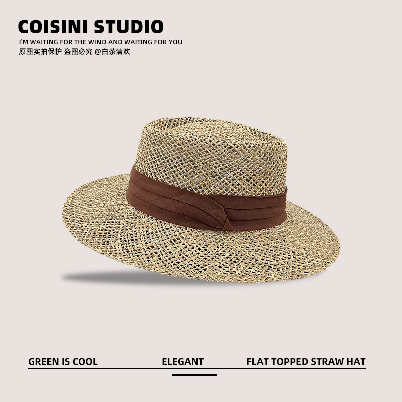 韩国ins草编网红平顶礼帽子女欧美风英伦时尚出游度假镂空遮阳帽
