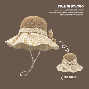 拼接甜美蝴蝶结格子大檐草编渔夫帽子女春夏遮阳防晒草帽出游百搭