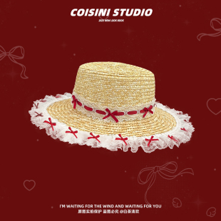 小众设计师款 海边度假拍照遮阳防晒帽子 蕾丝蝴蝶结平顶草帽女夏季