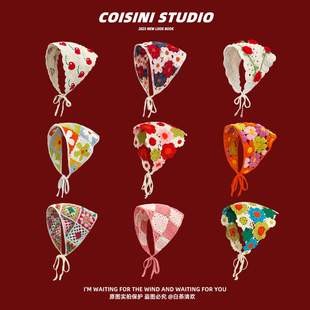 法式复古针织手工辣妹三角巾女生出游甜美可爱钩花文艺风头巾发带