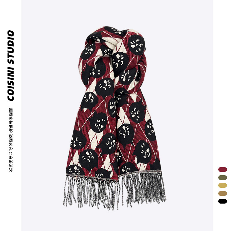 秋冬保暖2025新款卡通猫咪流苏围巾女士披肩两用高级感仿羊绒围脖