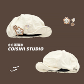 日系复古棉麻大头围翻檐八角帽女春夏氛围感甜美百搭贝雷帽显脸小