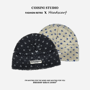 韩系ins复古羊羔毛绒波点包头帽女秋冬加厚保暖显脸小套头冷帽潮