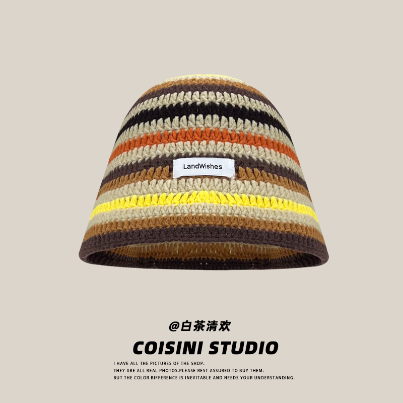 彩色多巴胺条纹针织毛线渔夫帽