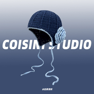 平井桃momo同款手工钩织花朵针织帽子女甜美百搭立体玫瑰包头帽潮