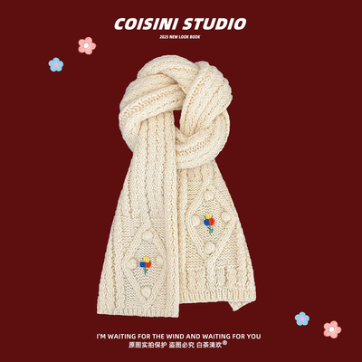 韩版ins复古刺绣花朵针织围巾潮